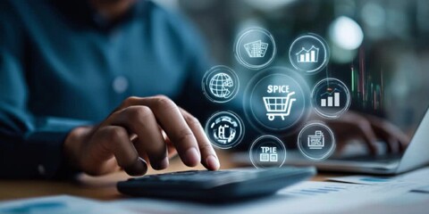 Person in Blue Shirt Using Laptop and Calculator Surrounded by Digital Icons for Online Shopping, Data Analysis, and Global Connectivity in Modern Business Technology Scene - Powered by Adobe