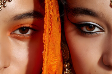 Dramatic duality of contrasting eye makeup showcasing vibrant orange and sleek black looks during a beauty photoshoot