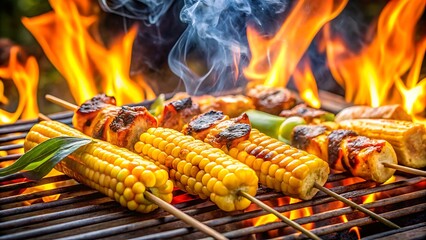 Delicious grilled corn on the cob and savory kebabs sizzling over vibrant flames; summer barbecue feast.