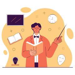 Engaging educator with pointer and book inspiring knowledge and creativity with symbolic elements
