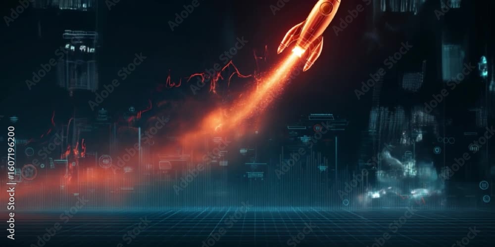Poster sleek orange rocket ascends through digital landscape, symbolizing growth and innovation with graphs