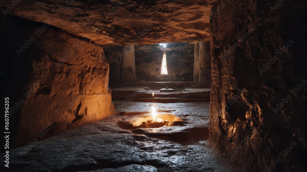 Poster ancient tomb illuminated by a torch in a mysterious cave
