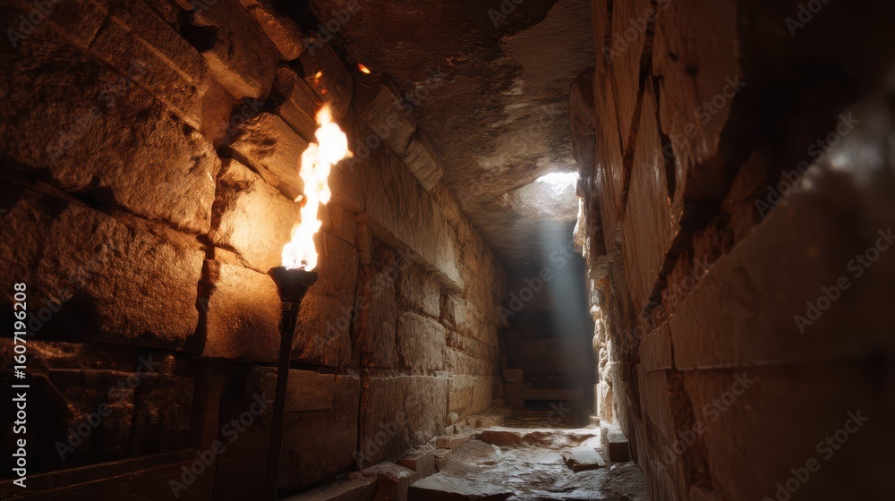 Poster light from a torch illuminates path in ancient tomb