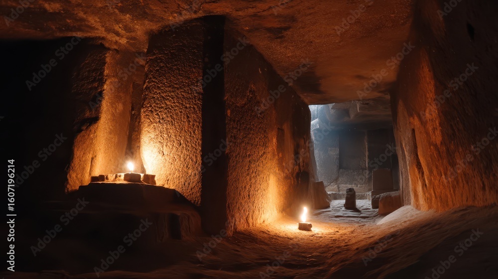 Poster ancient tomb illuminated by light from a torch in dark space