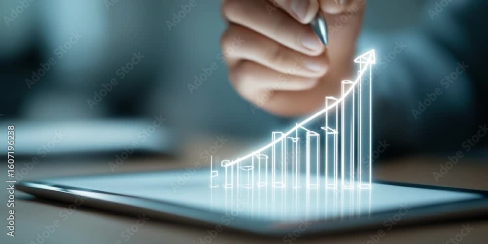 Poster hand drawing rising graph on digital tablet symbolizing business growth and success with glowing lin