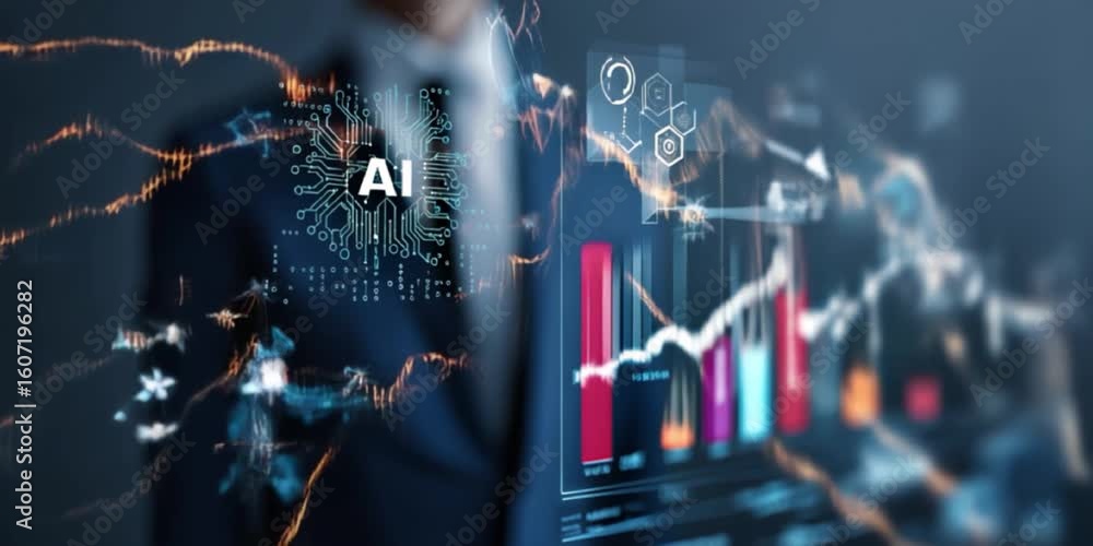 Aufkleber business suit engages with digital interface showcasing ai technology, data analytics, and graphs, h