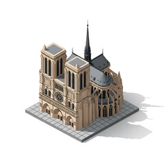 Obraz premium Isometric illustration of the iconic Notre Dame Cathedral in Paris, showcasing its detailed Gothic architecture and twin towers.