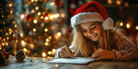 Smiling girl in Santa hat writing her Christmas wish list at a wooden table, surrounded by festive decorations and warm lighting in a cozy holiday room. Banner with copy space