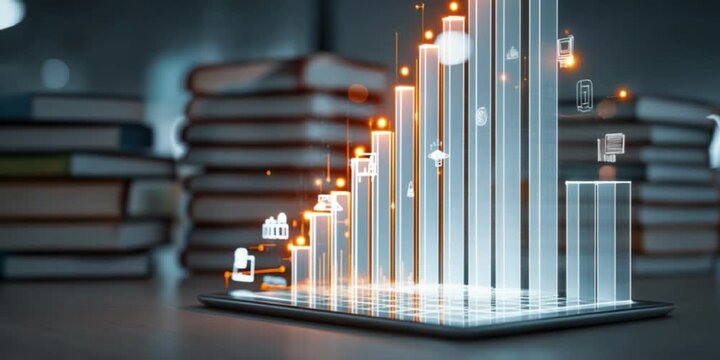 Digital Tablet Displays Rising Bar Graph with Glowing Icons Representing Various Technologies and Data Analytics, Set Against Blurred Background of Books, Symbolizing Intersection of Technology