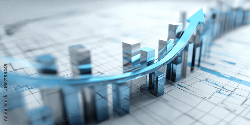 Aufkleber 3d image of blue arrow rising over bar graph, symbolizing growth and success in business analytics. 
