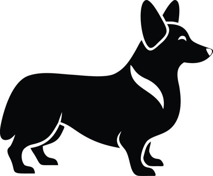 Cardigan Welsh Corgi silhouette with long body, short legs, large ears, and bushy tail in alert stance