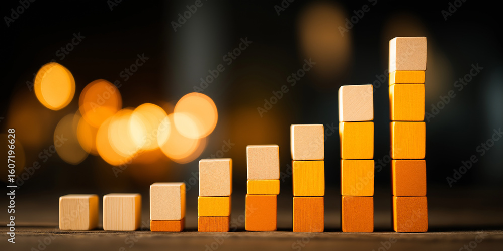 Poster graph of orange blocks growing upwards represents progress and growth, with blurred bokeh background