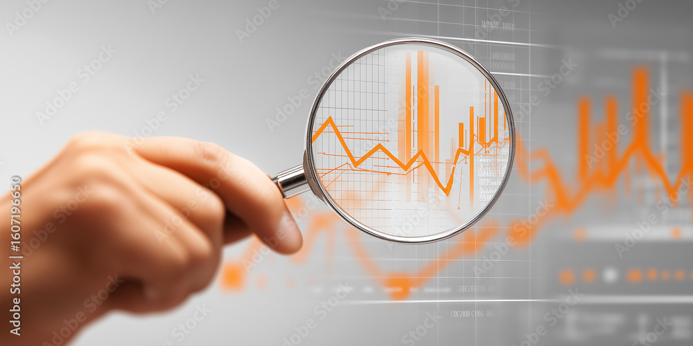 Poster hand holding magnifying glass over digital screen displaying orange graphs and data analysis, symbol