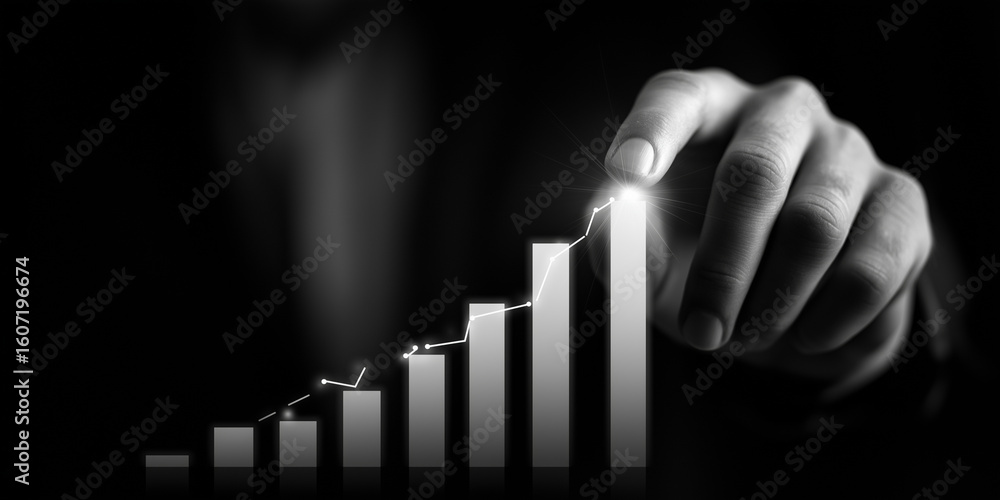 Poster hand points to glowing bar graph in dark setting, symbolizing growth and success. monochrome image c