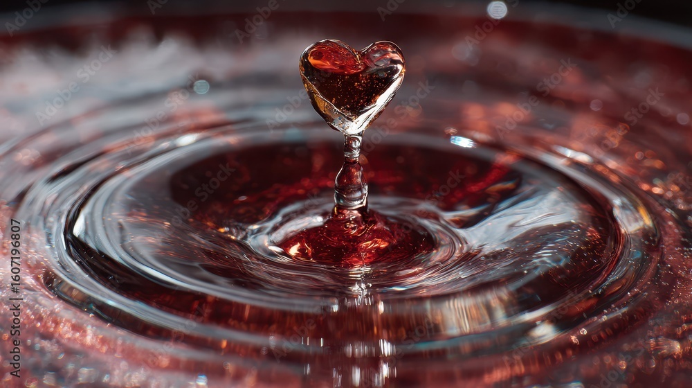 Aufkleber heart-shaped water drop splashing on red surface with reflection