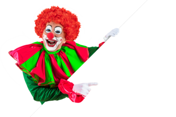 Funny clown holding sign blank template mock up for advertising, posters, greetings, invitations. Entertainer as Joker in a suit and wig, with clown whiteface makeup.