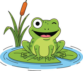 Cute cartoon green frog smiling on lily pad, winking in pond with cattail plant in background, cad drawing flat vector illustration character