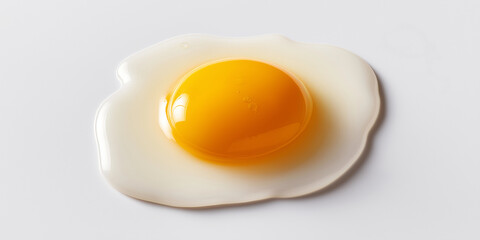 Fresh egg with vibrant yolk is surrounded by perfect round egg white on clean white surface, creating simple yet striking visual