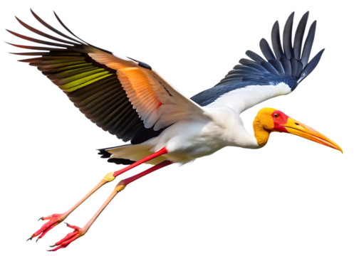 Yellow white black billed stork in flight isolated on white and transparent background
