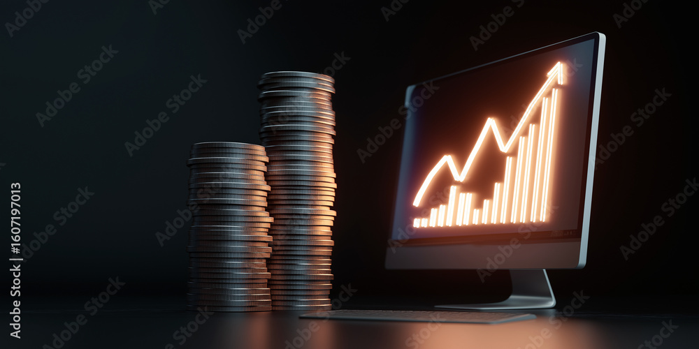 Poster stacks of coins next to computer monitor displaying glowing upward trend graph symbolize financial g