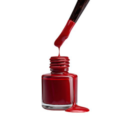 Red Nail Polish Dripping from Brush over Bottle. Isolated for Cosmetics Promotion