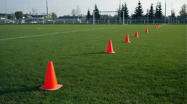 Orange cones mark training course on green grass field image