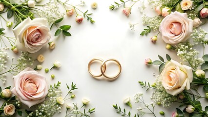 Elegant wedding rings nestled amongst blush pink roses and delicate white gypsophila flowers on white background.