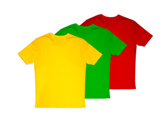Isolated Yellow, green, red t-shirt, blank empty copy space for mock up, template