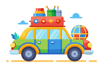 Cute cartoon blue car with luggage on the roof, traveling through a scenic green landscape with hills, clouds, and a clear blue sky. Perfect for travel, vacation, holiday, or road trip-themed illustra