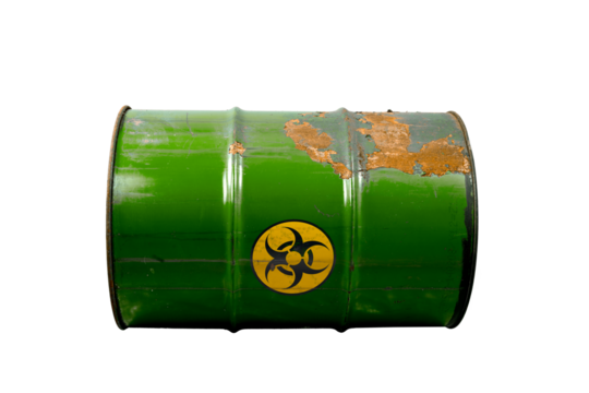 Barrel with toxic waste. Biohazard warning sign. Rusty dangerous barrel with pathogens, or other toxins on isolated background