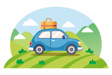 Cute cartoon blue car with luggage on the roof, traveling through a scenic green landscape with hills, clouds, and a clear blue sky. Perfect for travel, vacation, holiday, or road trip-themed illustra