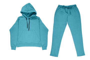 Isolated long sleeve hoodie and pants, jacket or sweatshirt with a hood, Blue color, blank empty copy space for mock up, template