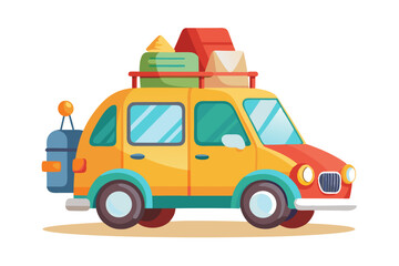 Cute cartoon blue car with luggage on the roof, traveling through a scenic green landscape with hills, clouds, and a clear blue sky. Perfect for travel, vacation, holiday, or road trip-themed illustra