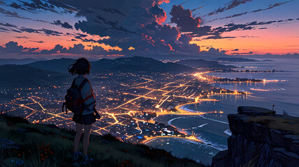 Anime Girl Overlooking a Coastal City at Sunset