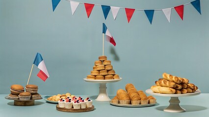 French Bastille Day celebration: festive pastries, macarons, and bread displayed with French flags and bunting.