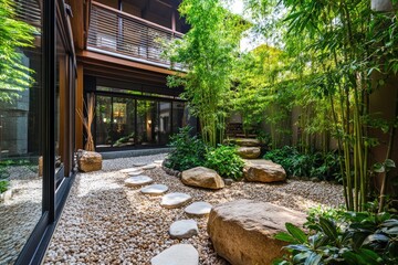 Tranquil courtyard garden with stone pathways.  Wooden structure above. Lush green plants and bamboo