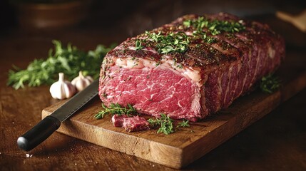 Restaurant kitchen action displaying luxury beef roast with fresh thyme, garlic cloves, and professional culinary knife on artisanal cutting board