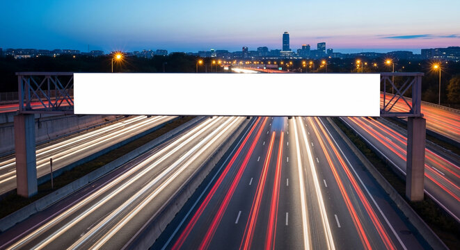 Dynamic Night Highway with Blank Overhead Billboard and Light Trails
