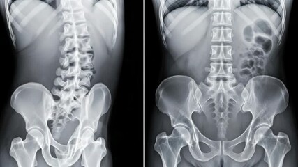 A detailed medical xray showcasing the human lumbar spine and pelvis from both a lateral and anterior view, highlighting bone structure and anatomy