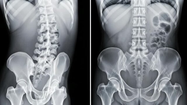 A detailed medical xray showcasing the human lumbar spine and pelvis from both a lateral and anterior view, highlighting bone structure and anatomy