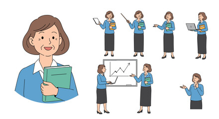 Illustrations of a businesswoman presenting information and engaging in professional activities