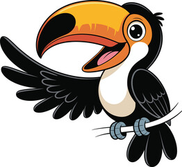 Happy cartoon toucan bird with open wings and large yellow beak sitting on branch, tropical animal, cad drawing flat vector illustration