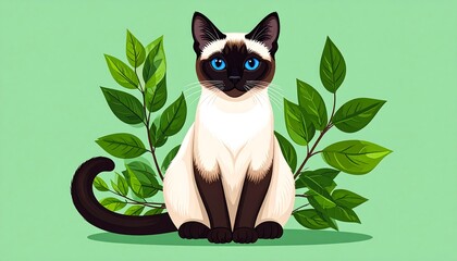 A seated Siamese cat surrounded by leaves