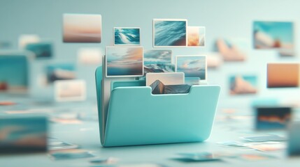 Folder with floating images representing data organization and digital files