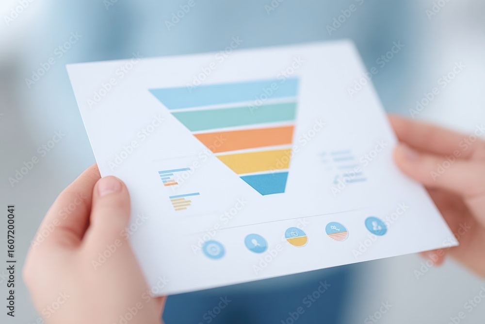 Poster top-down view of team hands over printed marketing funnel with icons and charts soft shadows and spa