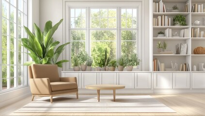 Light-filled, modern living room with a beige armchair, wooden coffee table, and large windows