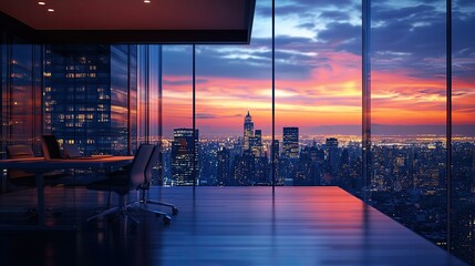 Blurred Office Space with Cityscape View - Evening Design Concept 