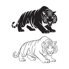 Watchful Readiness Echoed - Tiger Visual - Solid Form and Delicate Line Detail Collection - Tiger silhouette - Tiger lineart - Tiger vector - silhouette & lineart of Tiger

