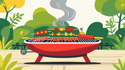 Grilling Kebabs and Meat Skewers on a Red Barbecue Grill