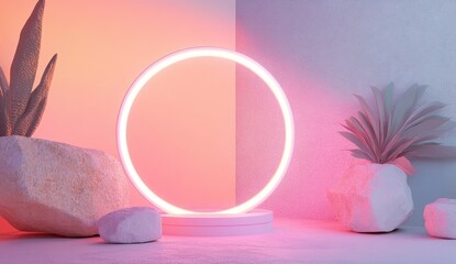 Neon circle podium, minimalist display.  Soft, pastel colors